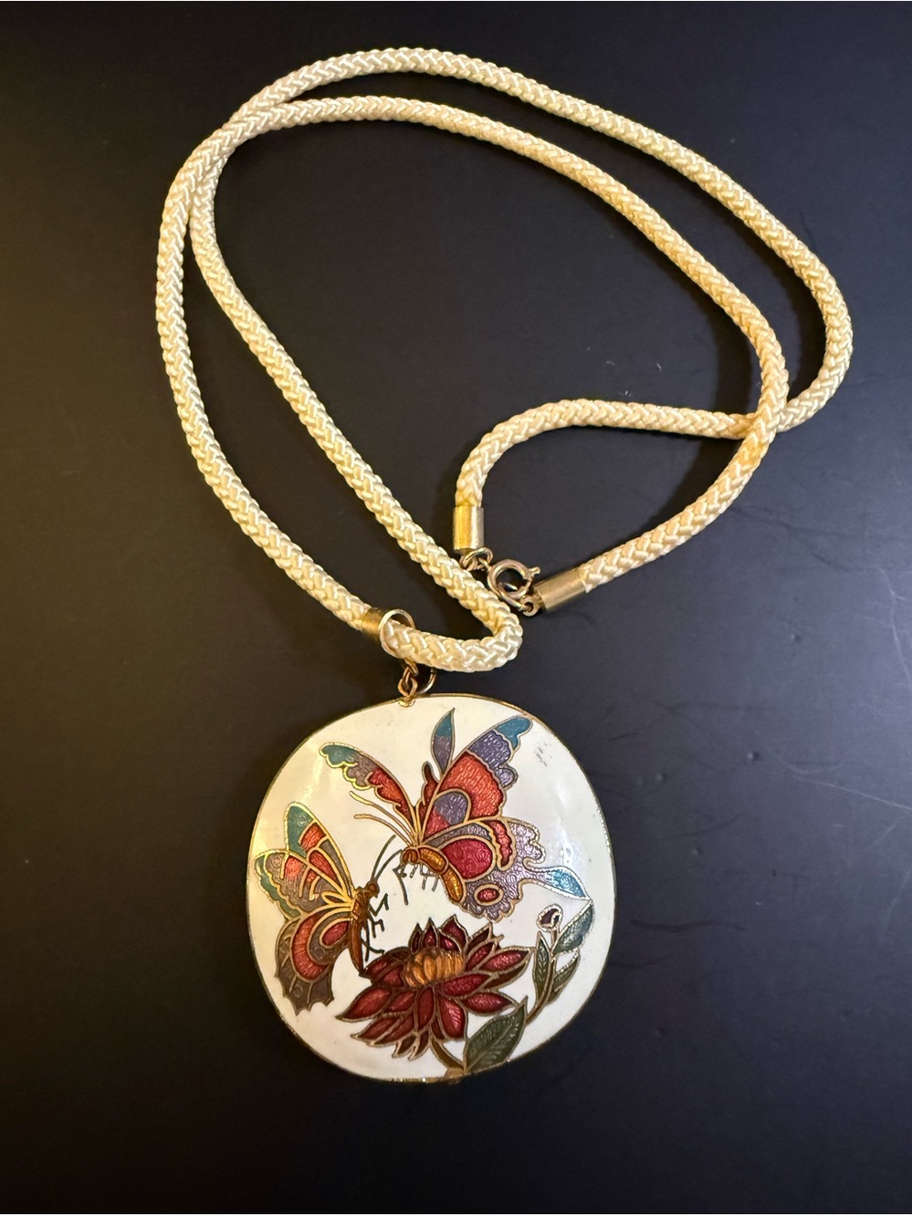 Vintage Chinese Double-Sided Cloisonné Enamel Butterfly Pendant Necklace